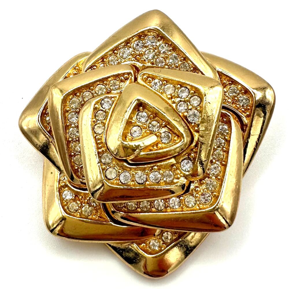 Rare Christian Dior 80s vintage gold plated clear crystals geometric rose brooch
